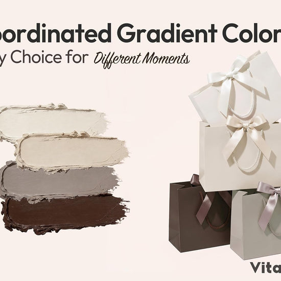 Vitalizart Paper Gift Bags With Ribbon Handles Set of 4 Grey Bulk Reusable For Gift Wrap 13" x10"x5"Large Size(Cream & Champagne) - Vitalizart