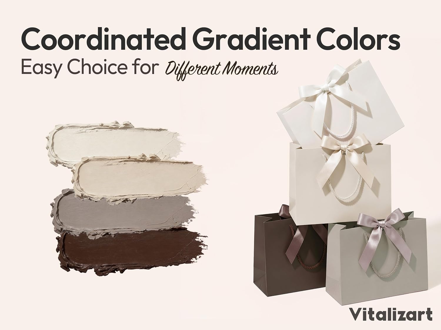 Vitalizart Paper Gift Bags With Ribbon Handles Set of 4 Grey Bulk Reusable For Gift Wrap 13" x10"x5"Large Size(Cream & Champagne) - Vitalizart