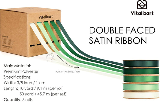 Double Face Satin Ribbon 3/8"x 50Yd (Green & Cream) - Vitalizart