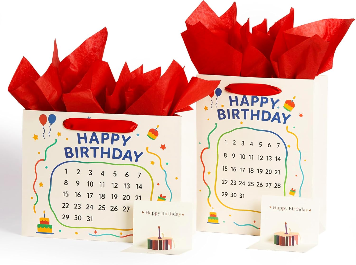 Vitalizart Birthday Paper Gift Bags With Ribbon Handles Set of 2 - Pop - Up Cards, Tissue Paper, Custom Calendar Design White Bags for Kids Birthday Party Favors Goodie Bags Girls Boys Shower（White, Kids Party Favors） - Vitalizart