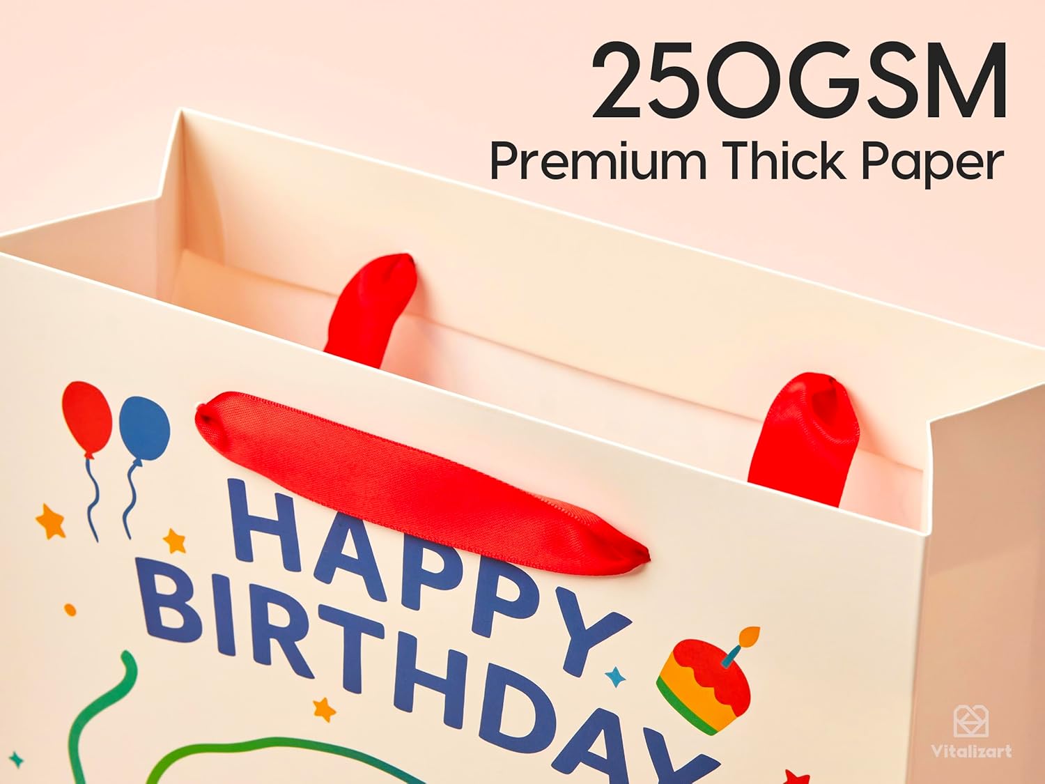 Vitalizart Birthday Paper Gift Bags w/ Ribbon Handles – Set of 2, （White, Kids Party Favors）