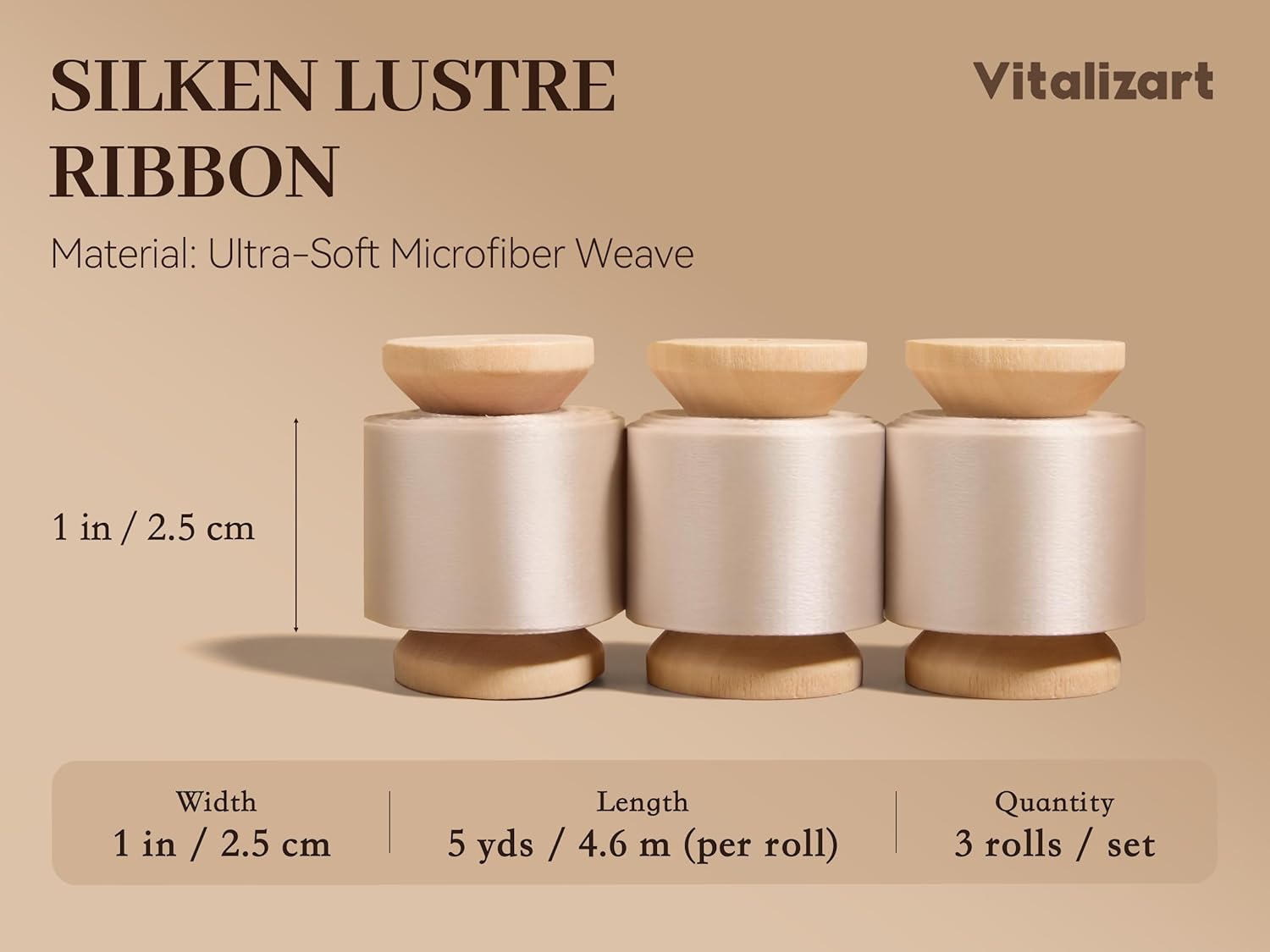 Vitalizart Silken Lustre Ribbon 1" x 15 Yards, Champagne & Nude Silky Satin Ribbon with Subtle Sheen (Ivory White) - Vitalizart