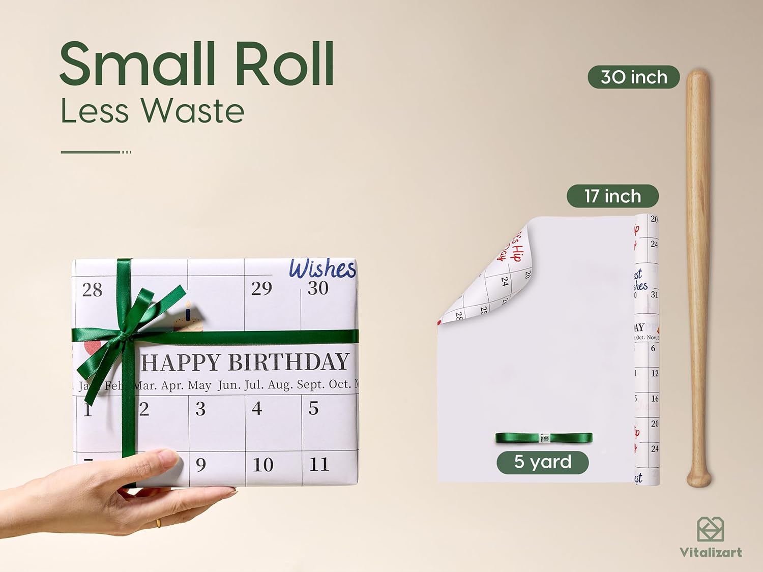 Vitalizart Write - On Calendar Birthday Wrapping Paper Set 17" With 5 - Yard Twine Recyclable Customizable Gift Wrap - Vitalizart