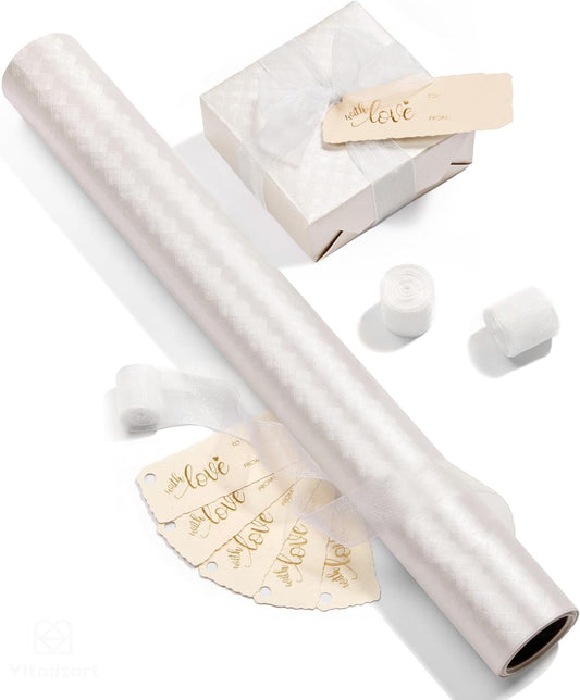 Vitalizart White Metallic Grid Wrapping Paper Set 17" With Organza Ribbon & Gift Tags 197"(16.4 Ft) White Ribbon - Vitalizart