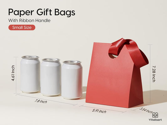 Vitalizart Paper Gift Bags With Ribbon Handles Set of 10 Red Bulk Reusable For Gift Wrap 5.91"x3.54"x7.28" Small (Red color)
