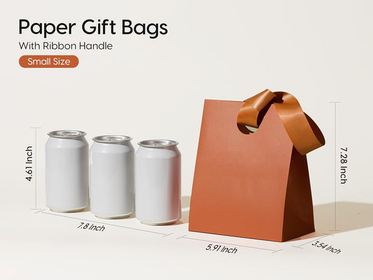 VITALIZART PAPER GIFT BAGS WITH RIBBON HANDLES SET OF 10 RED BULK REUSABLE FOR GIFT WRAP 5.91"X3.54"X7.28" SMALL (BROWN COLOR)