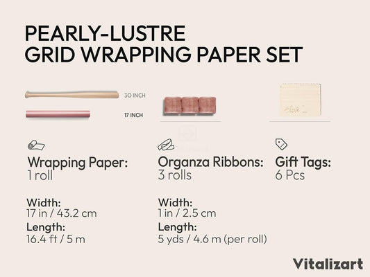Vitalizart White Metallic Grid Wrapping Paper Set 17" With Organza Ribbon & Gift Tags 197"(16.4 Ft) Pink Ribbon - Vitalizart