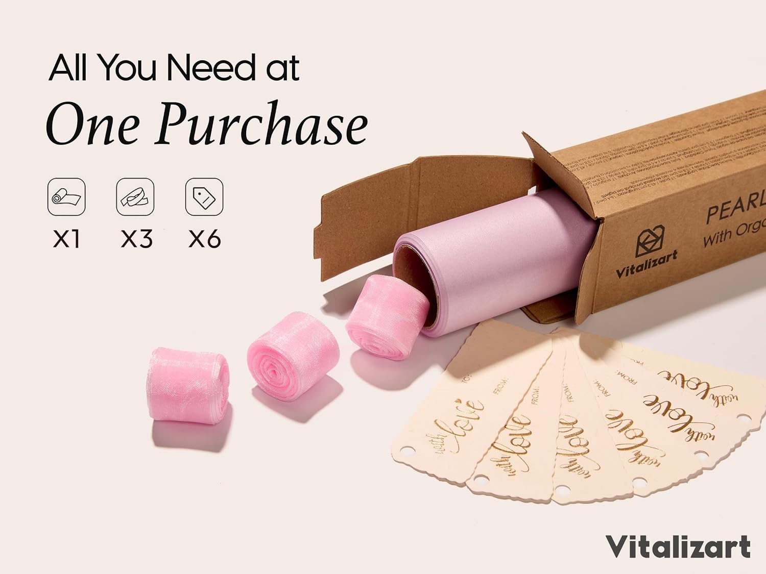 Vitalizart Pearly Wrapping Paper Set 17" × 197" w/ Satin Ribbon & Tags – Blush Pink - Vitalizart