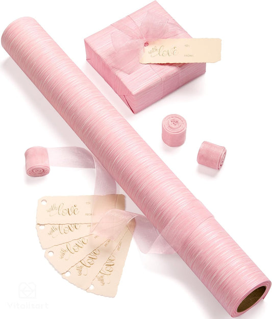 Vitalizart Pink Wrapping Paper Set 17" With Organza Ribbon & Gift Tags Christmas Gift Wrapping Birthday Baby Shower Wedding Bouquets Handmade Crafts 197"(16.4 Ft) Pink Ribbon - Vitalizart
