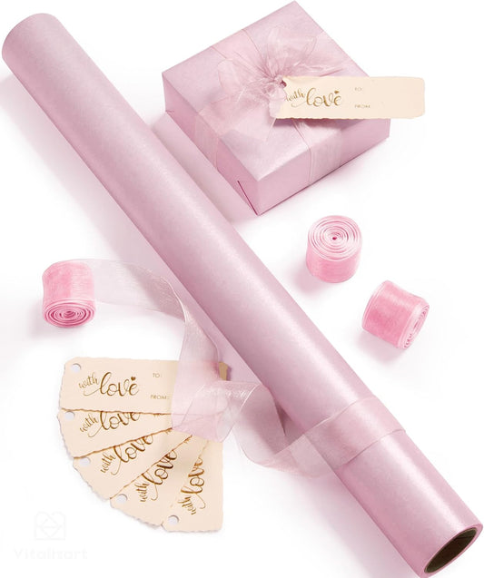 Vitalizart Pearly Wrapping Paper Set 17" × 197" w/ Satin Ribbon & Tags – Blush Pink - Vitalizart