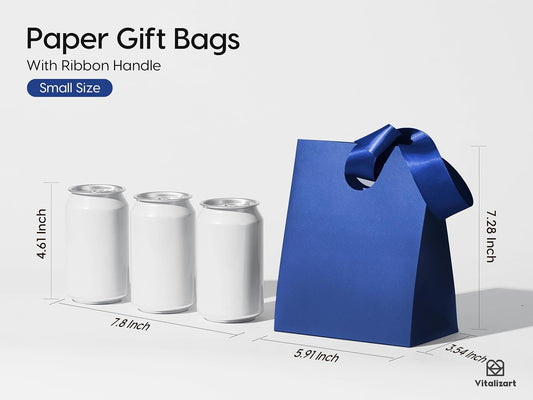 VITALIZART PAPER GIFT BAGS WITH RIBBON HANDLES SET OF 10 RED BULK REUSABLE FOR GIFT WRAP 5.91"X3.54"X7.28" SMALL (BLUE COLOR)