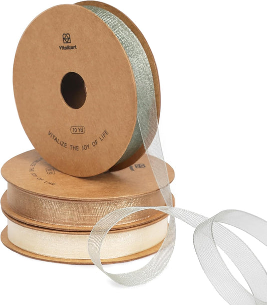 Vitalizart Organza Ribbon 3/8" x 30 Yd Cream White Rose Gold & Dusty Green Sheer Ribbons（White Rose Gold & Green）