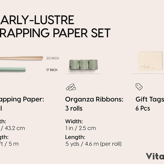 Vitalizart Pearly Wrapping Paper Set 17" × 197" w/ Satin Ribbon & Tags – Sage Green - Vitalizart