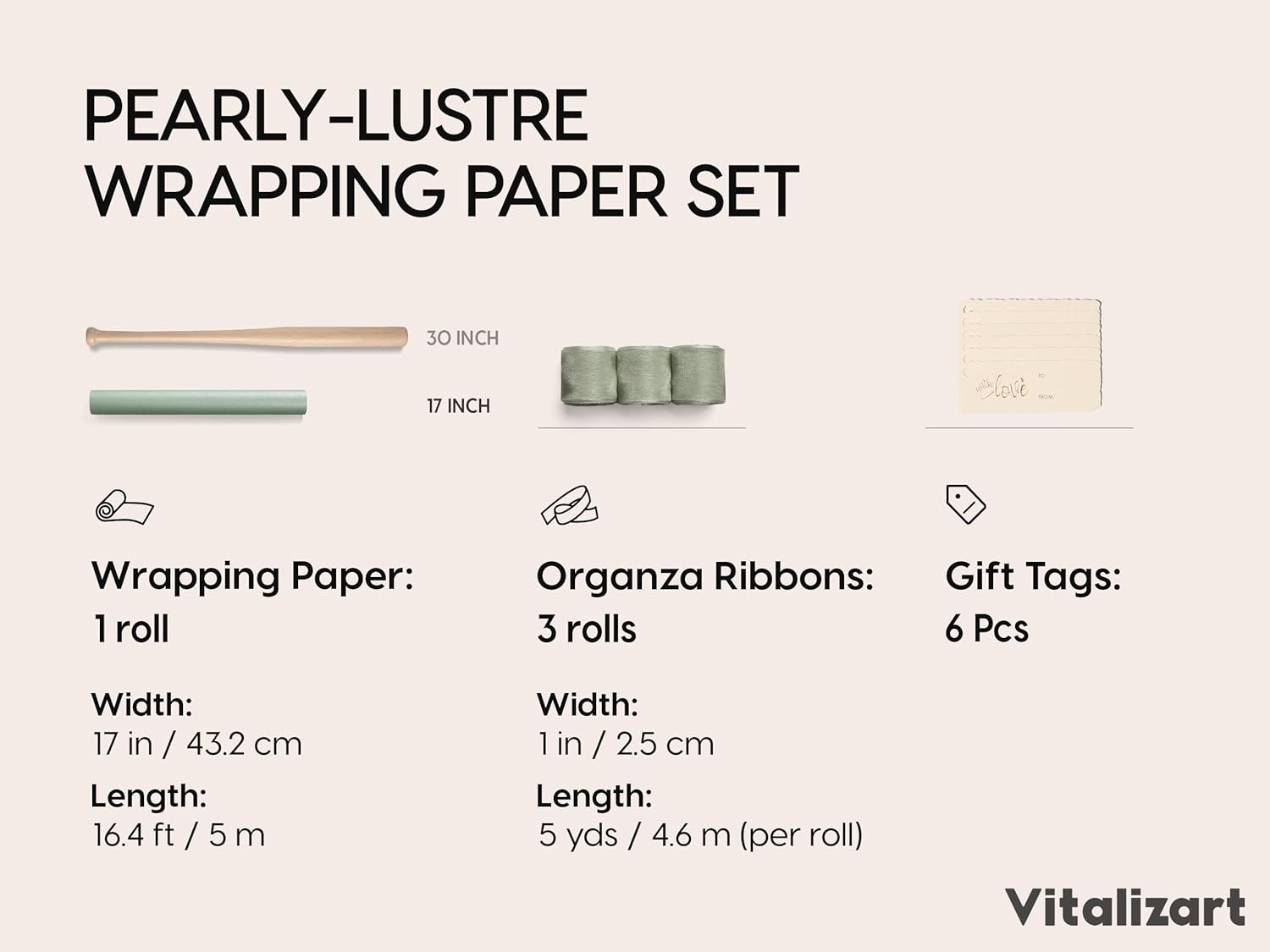 Vitalizart Pearly Wrapping Paper Set 17" × 197" w/ Satin Ribbon & Tags – Sage Green - Vitalizart