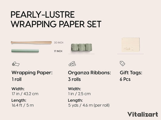 Vitalizart Pearly Wrapping Paper Set 17" × 197" w/ Satin Ribbon & Tags – Sage Green - Vitalizart