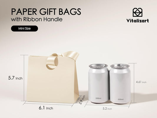 Vitalizart Paper Gift Bags With Ribbon Handles Set of 10 Black Bulk Reusable For Gift Wrap Girls Kids Birthday Bridal Shower Party Favors Goodie Bags Candy Christmas 6.1"x2.95"x5.71" Mini(Cream White)