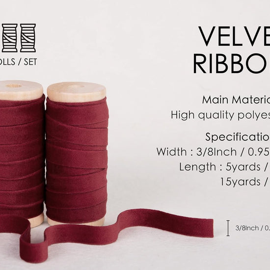 Velvet Ribbon With Wooden Spool 3/8" x 15 Yd (Burgundy) - Vitalizart