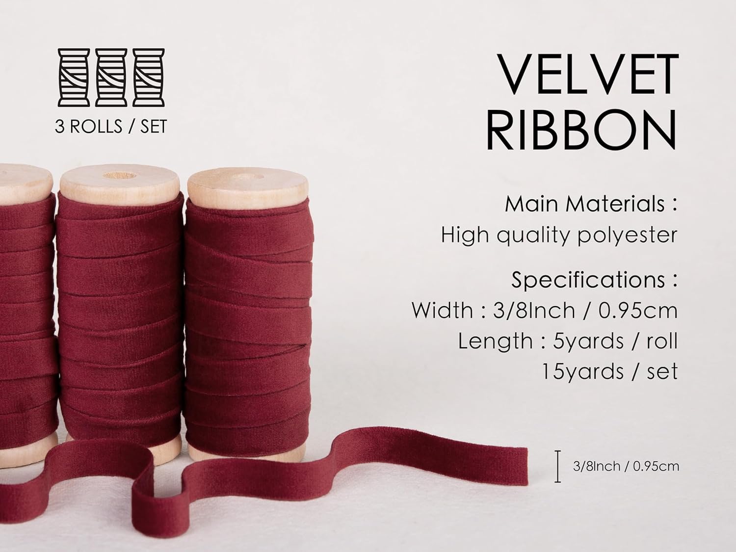 Velvet Ribbon With Wooden Spool 3/8" x 15 Yd (Burgundy) - Vitalizart