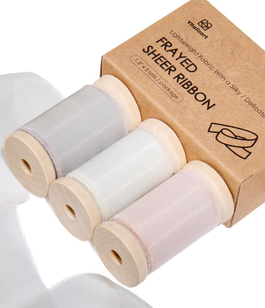 Silk Ribbon Frayed Sheer Ribbon 1 1/2" x 15 Yd（Cream & Nude & Champagne）