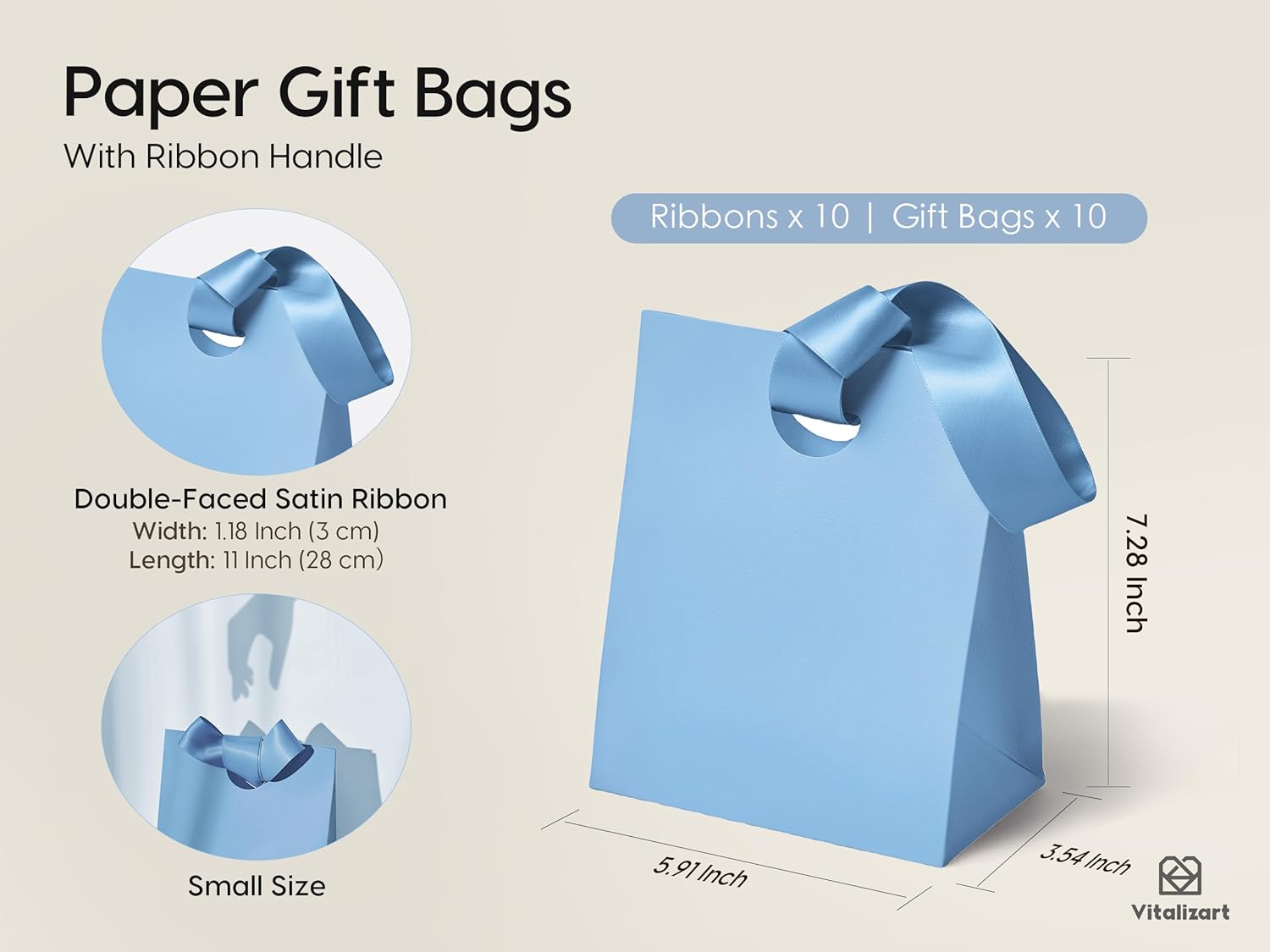 VITALIZART PAPER GIFT BAGS WITH RIBBON HANDLES SET OF 10 RED BULK REUSABLE FOR GIFT WRAP 5.91"X3.54"X7.28" SMALL (BLUE COLOR) - Vitalizart