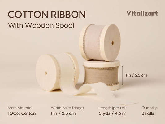 Vitalizart Ribbon Cotton Handmade Fringe 1" x 15 Yd Pure Natural Cotton Ribbons ( Nude & Ivory) - Vitalizart