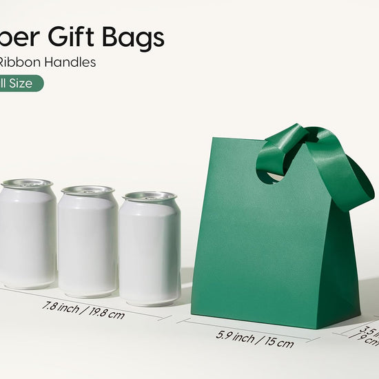 VITALIZART PAPER GIFT BAGS WITH RIBBON HANDLES SET OF 10 RED BULK REUSABLE FOR GIFT WRAP 5.91"X3.54"X7.28" SMALL (GREEN COLOR) - Vitalizart