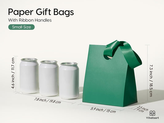 VITALIZART PAPER GIFT BAGS WITH RIBBON HANDLES SET OF 10 RED BULK REUSABLE FOR GIFT WRAP 5.91"X3.54"X7.28" SMALL (GREEN COLOR) - Vitalizart