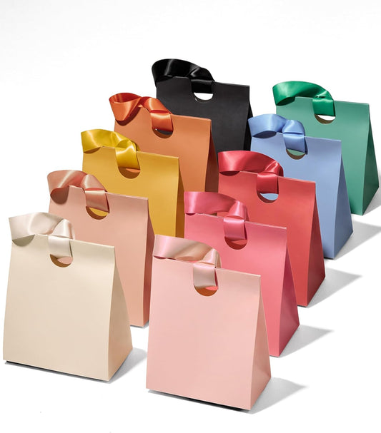 Vitalizart Paper Gift Bags With Ribbon Handles Set of 10 Assorted Colors Bulk Reusable For Gift Wrap 8.07"x4.72"x9.84" Medium Size (Mixed Colors)