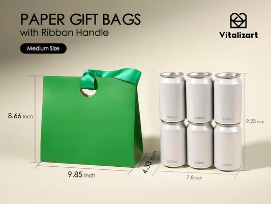 VITALIZART PAPER GIFT BAGS WITH RIBBON HANDLES SET OF 10 ASSORTED COLORS BULK REUSABLE 9.84"x4.33"x8.66" Medium（MIXED COLOR)