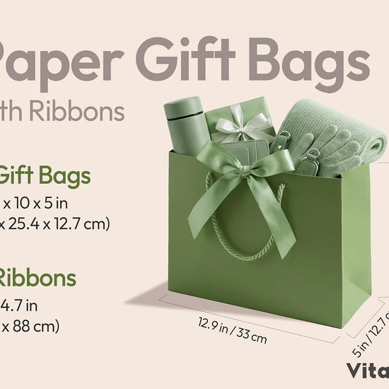 Vitalizart Paper Gift Bags With Ribbon Handles Set of 4 Green Bulk Reusable For Gift Wrap 13" x10"x5"Large Size( Green & Cream) - Vitalizart