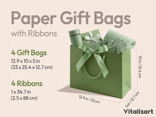 Vitalizart Paper Gift Bags With Ribbon Handles Set of 4 Green Bulk Reusable For Gift Wrap 13" x10"x5"Large Size( Green & Cream) - Vitalizart