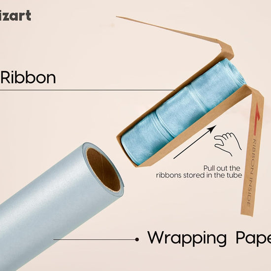 Vitalizart Pearly Wrapping Paper Set 17" × 197" w/ Satin Ribbon & Tags – Baby Blue - Vitalizart