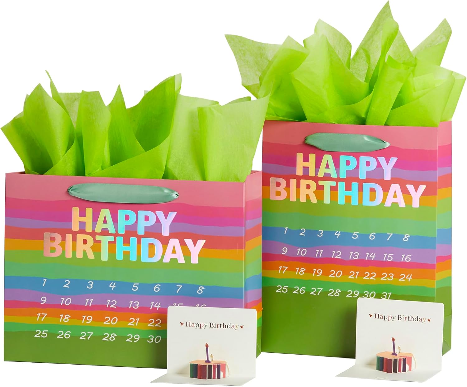 Vitalizart Birthday Paper Gift Bags With Ribbon Handles Set of 2 - Pop - Up Cards, Tissue Paper, Custom Calendar Design Green Bags for Kids Birthday Party Favors Goodie Bags Girls Boys Shower （Green, Kids Party Favors） - Vitalizart