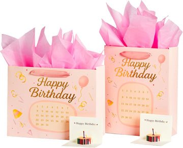 Vitalizart Birthday Paper Gift Bags w/ Ribbon Handles – Set of 2, （Pink, Kids Party Favors）