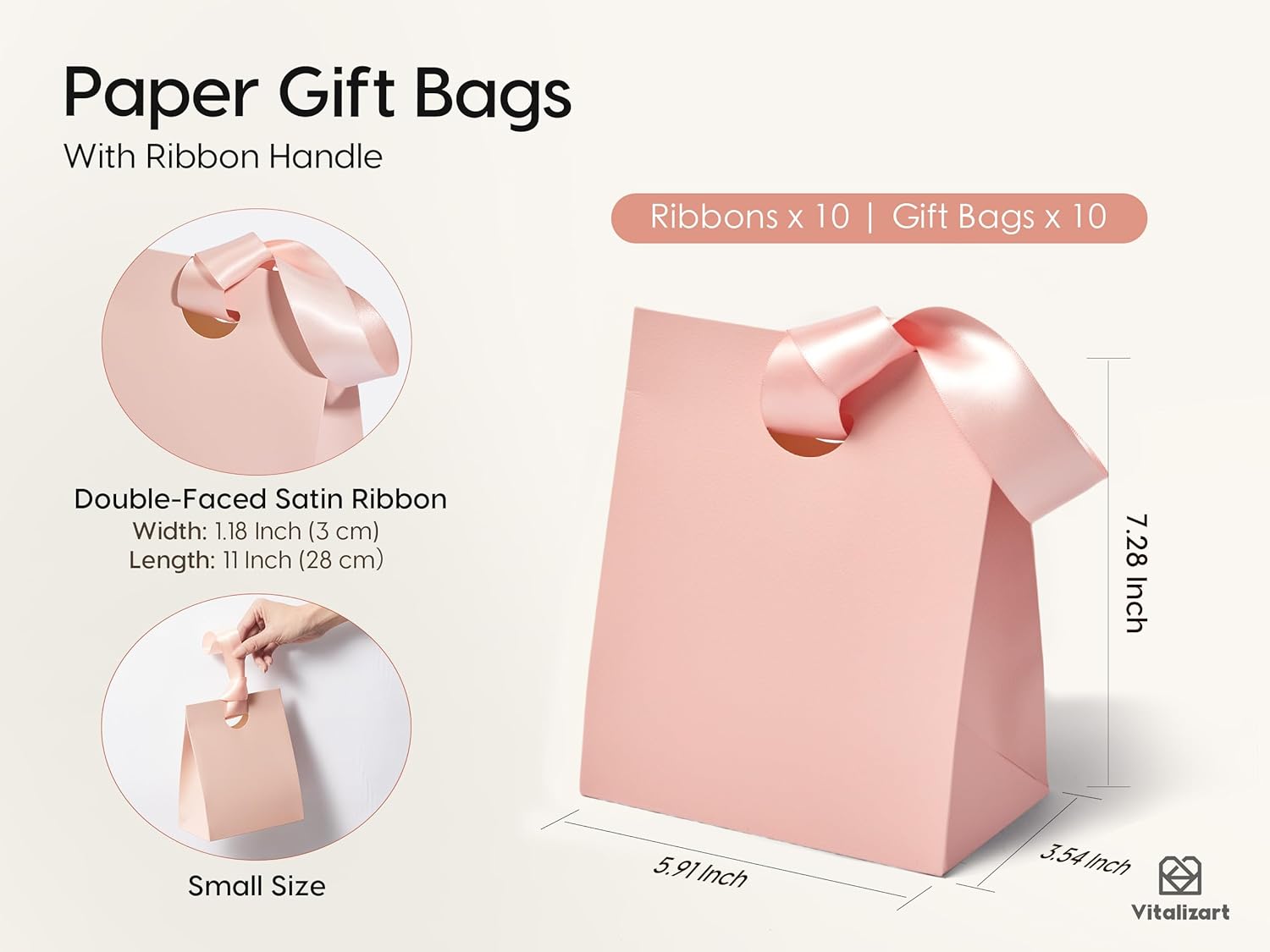 VITALIZART PAPER GIFT BAGS WITH RIBBON HANDLES SET OF 10 RED BULK REUSABLE FOR GIFT WRAP 5.91"X3.54"X7.28" SMALL (Pink COLOR) - Vitalizart