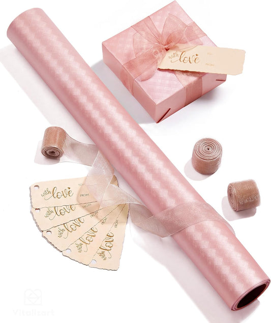 Vitalizart White Metallic Grid Wrapping Paper Set 17" With Organza Ribbon & Gift Tags 197"(16.4 Ft) Pink Ribbon - Vitalizart