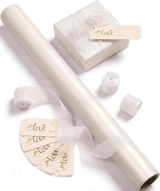 Vitalizart Pearly Wrapping Paper Set 17" × 197" w/ Satin Ribbon & Tags – White - Vitalizart