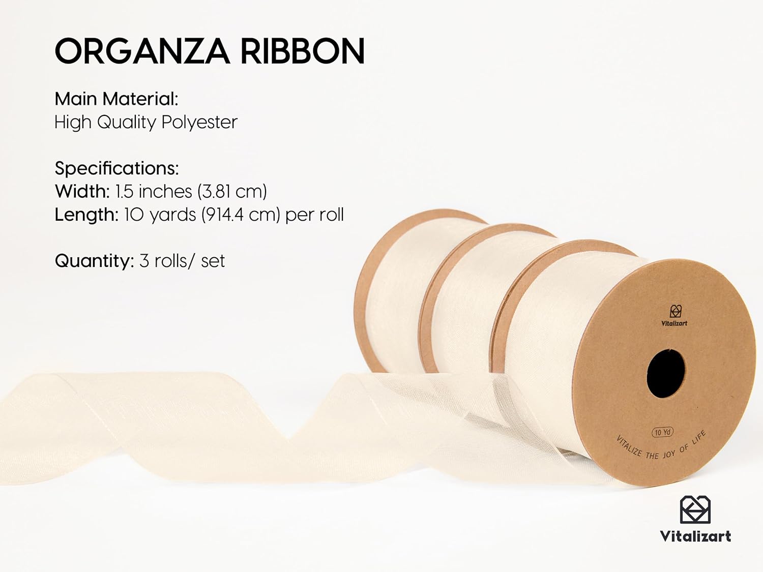 Organza Sheer Ribbon 1.5" x 30 Yd (Cream & White ) - Vitalizart