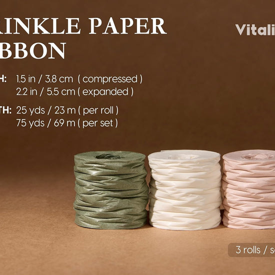 Vitalizart Crinkle Paper Ribbon 1.5" x 75 Yards, Reusable Recyclable Easy Tear (Green Nude & White) - Vitalizart
