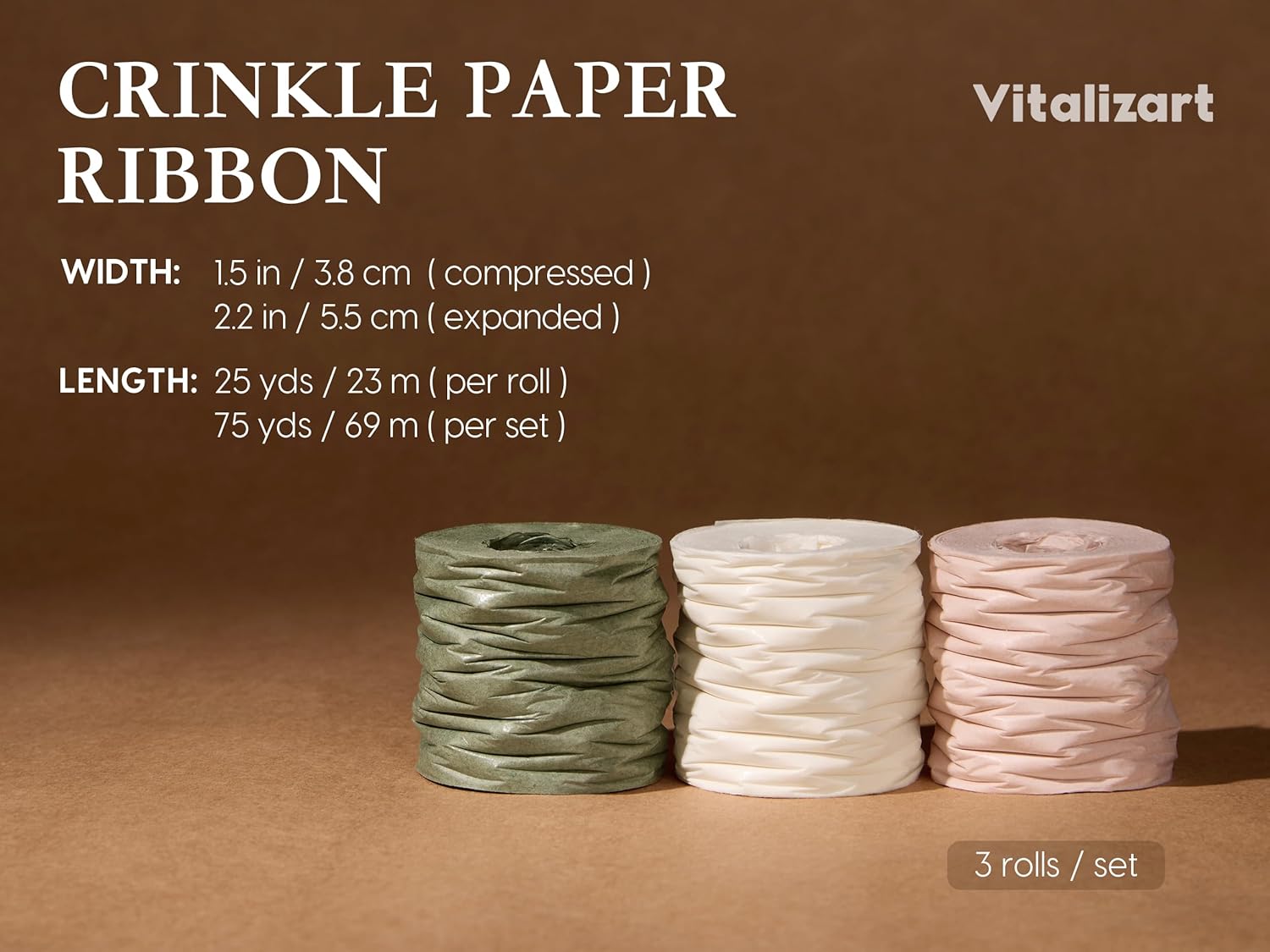 Vitalizart Crinkle Paper Ribbon 1.5" x 75 Yards, Reusable Recyclable Easy Tear (Green Nude & White) - Vitalizart