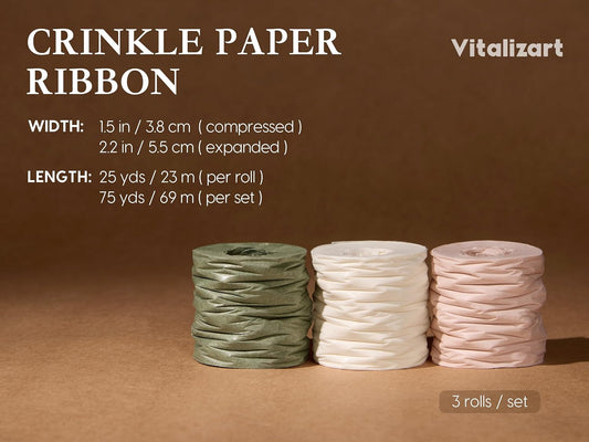 Vitalizart Crinkle Paper Ribbon 1.5" x 75 Yards, Reusable Recyclable Easy Tear (Green Nude & White) - Vitalizart