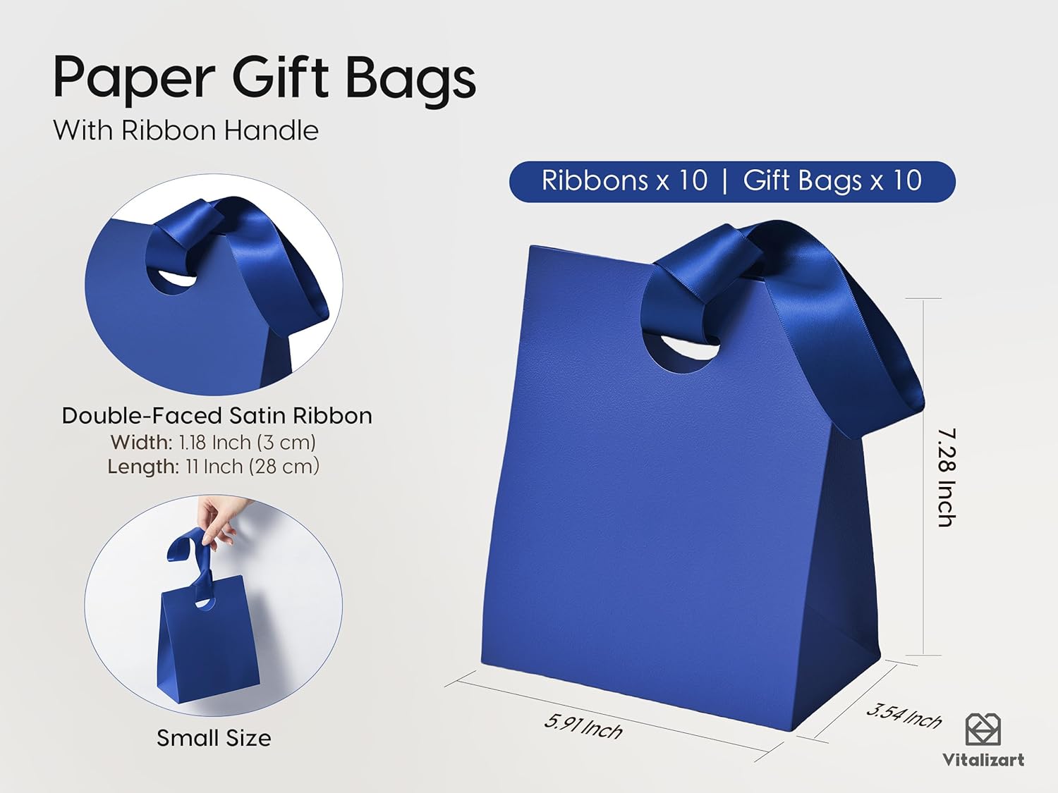 VITALIZART PAPER GIFT BAGS WITH RIBBON HANDLES SET OF 10 RED BULK REUSABLE FOR GIFT WRAP 5.91"X3.54"X7.28" SMALL (BLUE COLOR) - Vitalizart