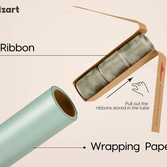 Vitalizart Pearly Wrapping Paper Set 17" × 197" w/ Satin Ribbon & Tags – Sage Green - Vitalizart