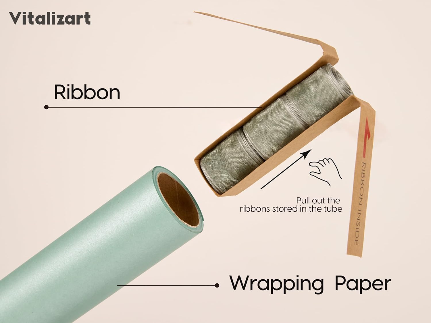 Vitalizart Pearly Wrapping Paper Set 17" × 197" w/ Satin Ribbon & Tags – Sage Green - Vitalizart