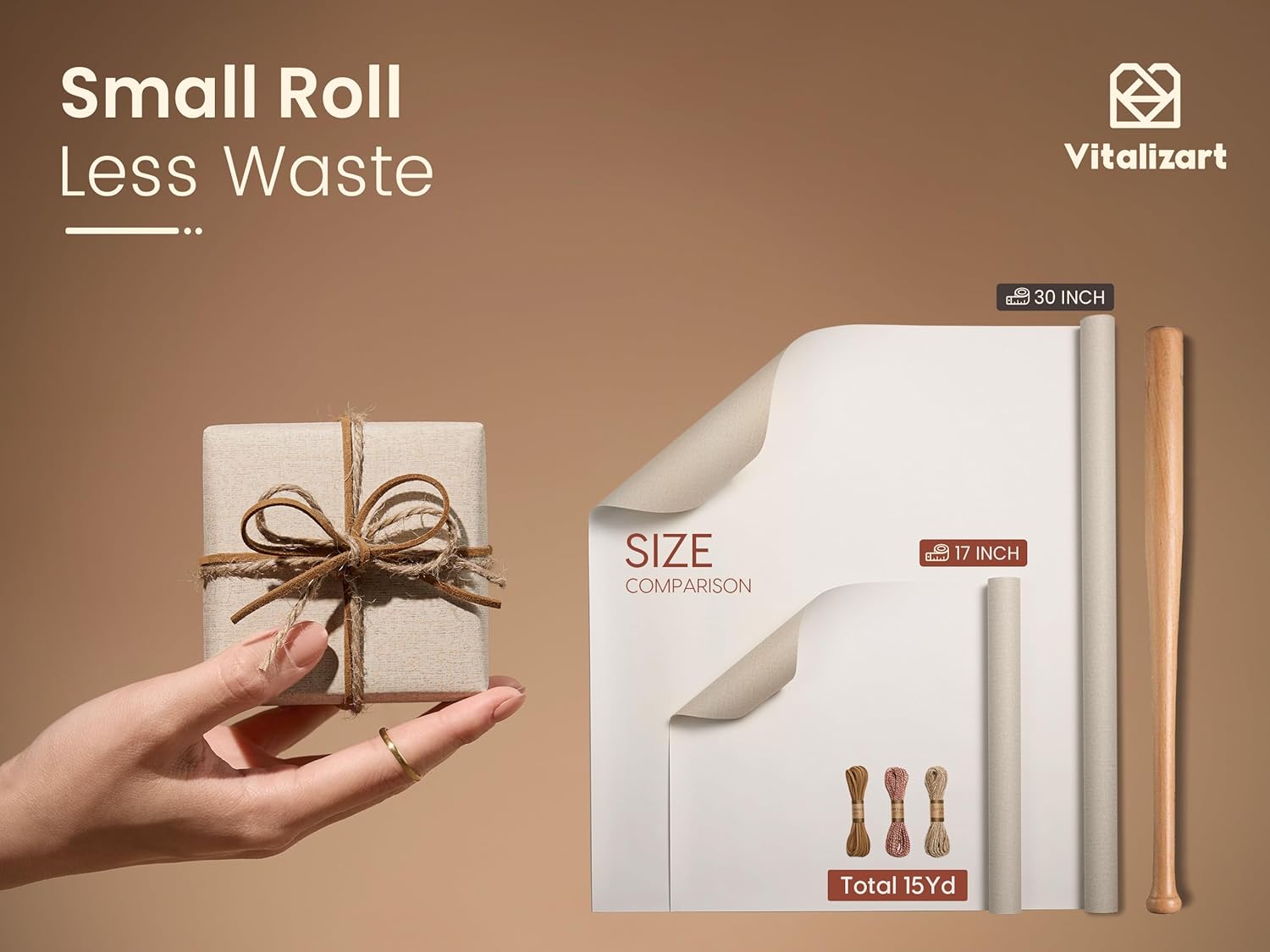 Vitalizart Textured Wrapping Paper Set 30" Roll Twine Ribbons & Tags Eco - Friendly Extra Thick(Beige Paper & Twine Ribbons Set) - Vitalizart