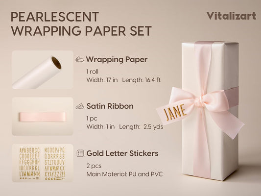 Vitalizart Pearlescent Holographic Wrapping Paper Set with Silky Satin Ribbon – White Paper & White RIbbons - Vitalizart