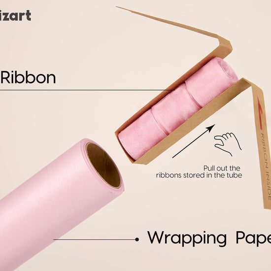 Vitalizart Pearly Wrapping Paper Set 17" × 197" w/ Satin Ribbon & Tags – Blush Pink - Vitalizart