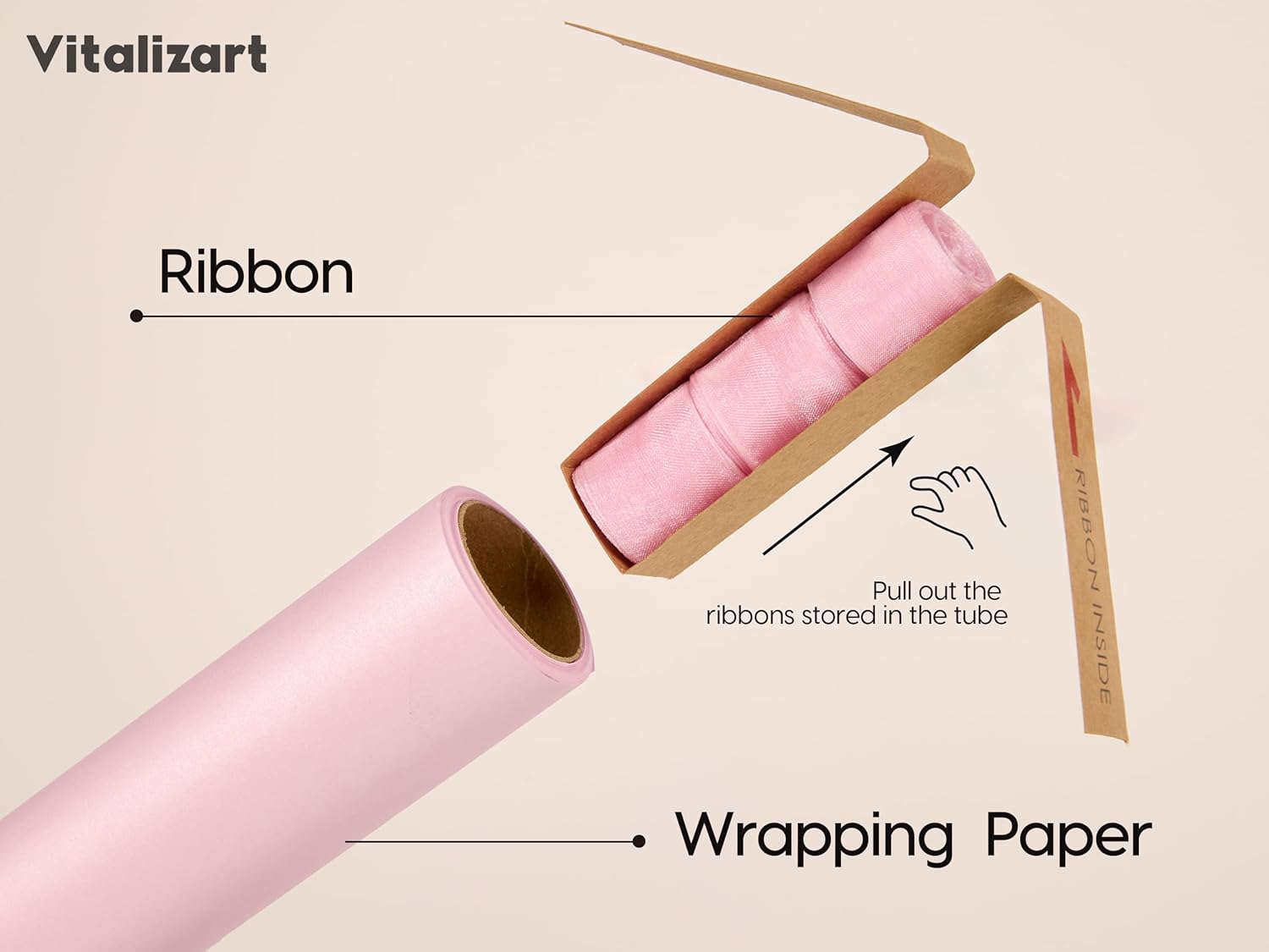 Vitalizart Pearly Wrapping Paper Set 17" × 197" w/ Satin Ribbon & Tags – Blush Pink - Vitalizart