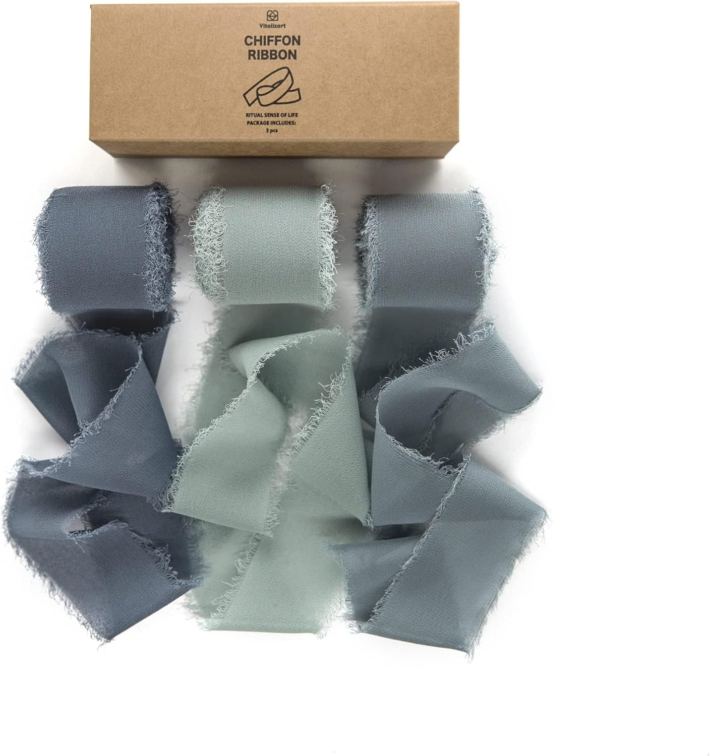 Fringe Chiffon Silk Ribbon 1 1/2 Inch x 21Yd (Dusty Blue) - Vitalizart