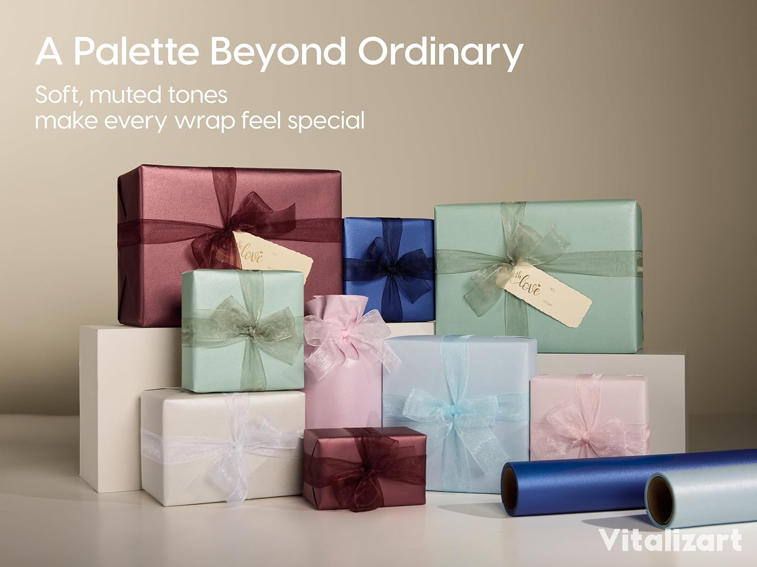 Vitalizart Pearly Wrapping Paper Set 17" × 197" w/ Satin Ribbon & Tags – Navy Blue - Vitalizart
